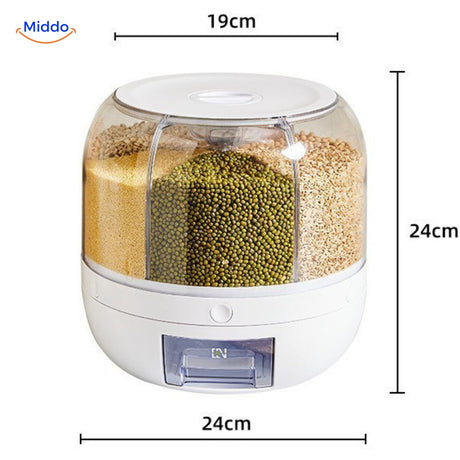 Rotating grain dispenser dimensions and measurements for medium size specification.