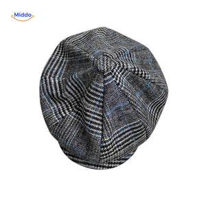 Gray and blue plaid wool flat cap with classic vintage newsboy style.