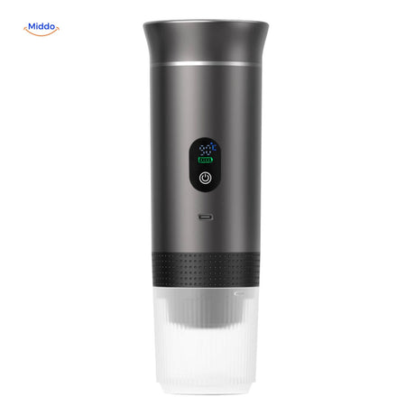 Gray espresso machine with LED display and modern design features.