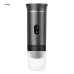 Gray espresso machine with LED display and modern design features.