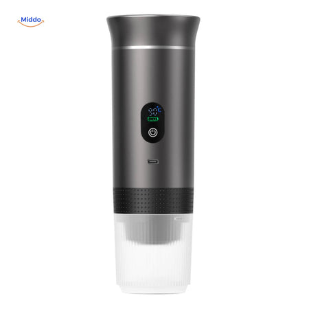 Gray espresso machine with LED display and modern design features.