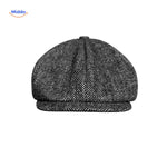 Gray herringbone wool flat cap front view showing vintage design details.