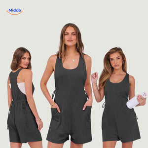 Gray jumpsuit with adjustable drawstring waist and storage pockets.