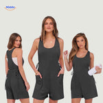 Gray jumpsuit with adjustable drawstring waist and storage pockets.