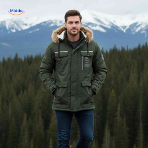 Light gray water-resistant men's outdoor jacket with zip pockets and lining.