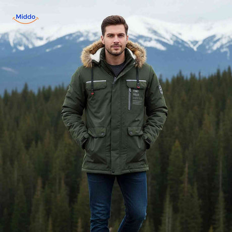 Light gray water-resistant men's outdoor jacket with zip pockets and lining.