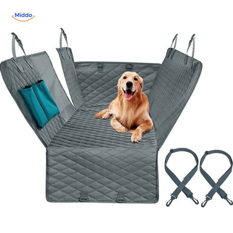 Gray pet car seat cover with mesh storage pockets for accessories.