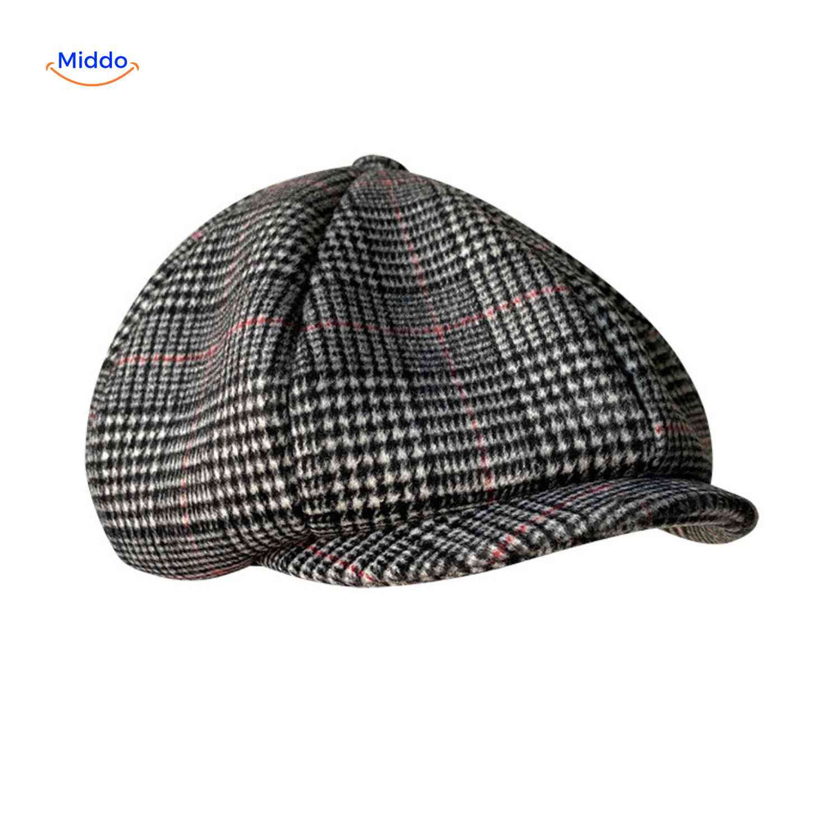 Gray plaid wool newsboy cap with classic vintage flat cap style.