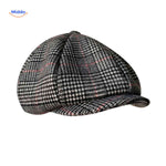Gray plaid wool newsboy cap with classic vintage flat cap style.