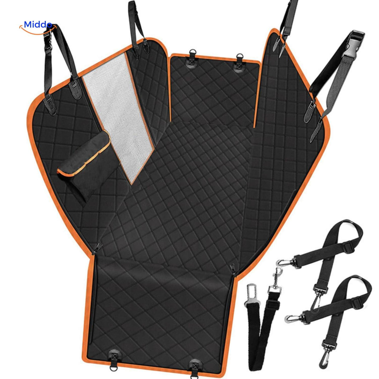 Gray quilted pet car seat cover with orange binding and mesh pockets.