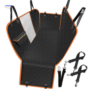 Gray quilted pet car seat cover with orange binding and mesh pockets.