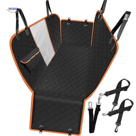 Gray quilted pet car seat cover with orange binding and mesh pockets.