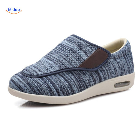 Gray striped shoes with breathable mesh upper for all-day comfort.