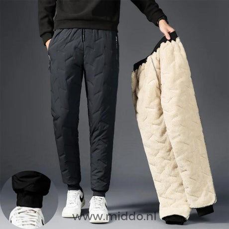 Gray waterproof thermo pants with warm fleece-lined construction.