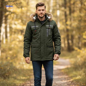 Gray wind-resistant men's jacket with orange lining and hood.