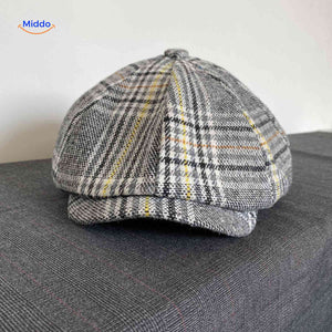 Gray and yellow plaid wool vintage flat cap with all-season comfort.