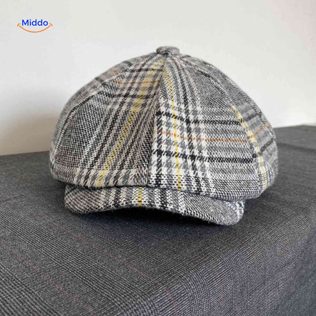 Gray and yellow plaid wool vintage flat cap with all-season comfort.