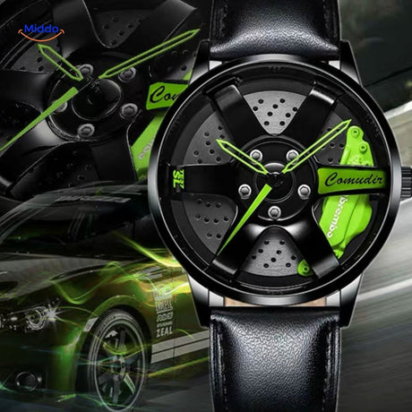 Bold automatic watch with green accent and durable leather band construction.