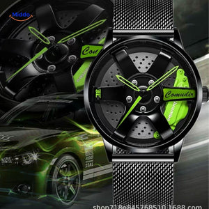 Modern men's automatic watch with green accents and contemporary mesh band.