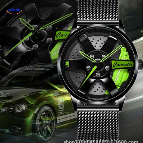 Modern men's automatic watch with green accents and contemporary mesh band.