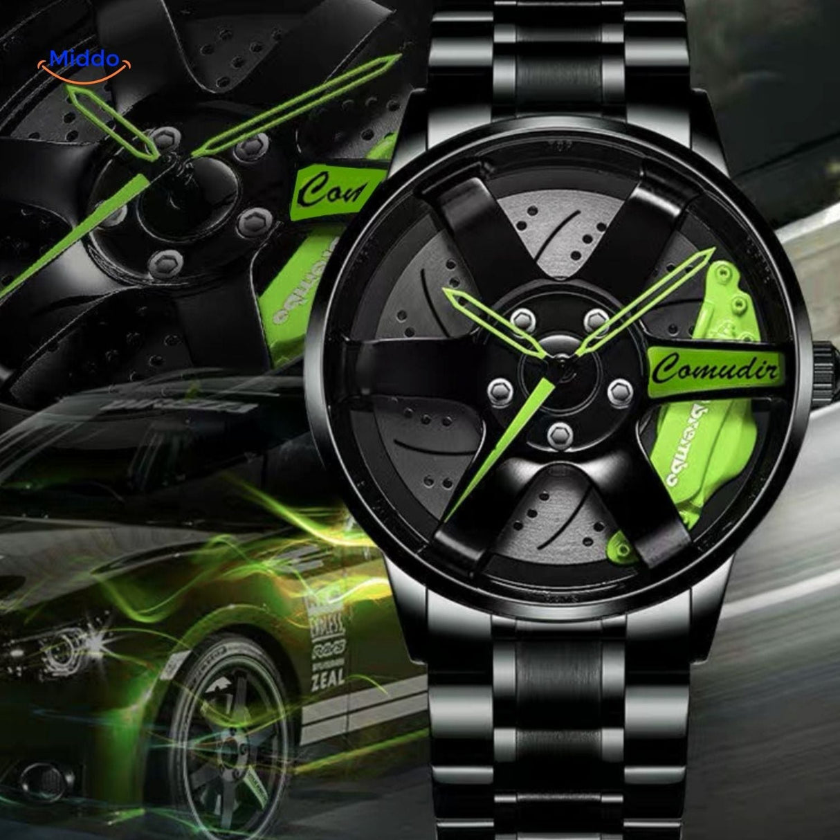 Men's automatic watch with green details and premium stainless steel band.