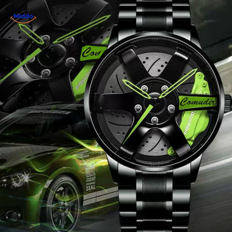 Men's automatic watch with green details and premium stainless steel band.