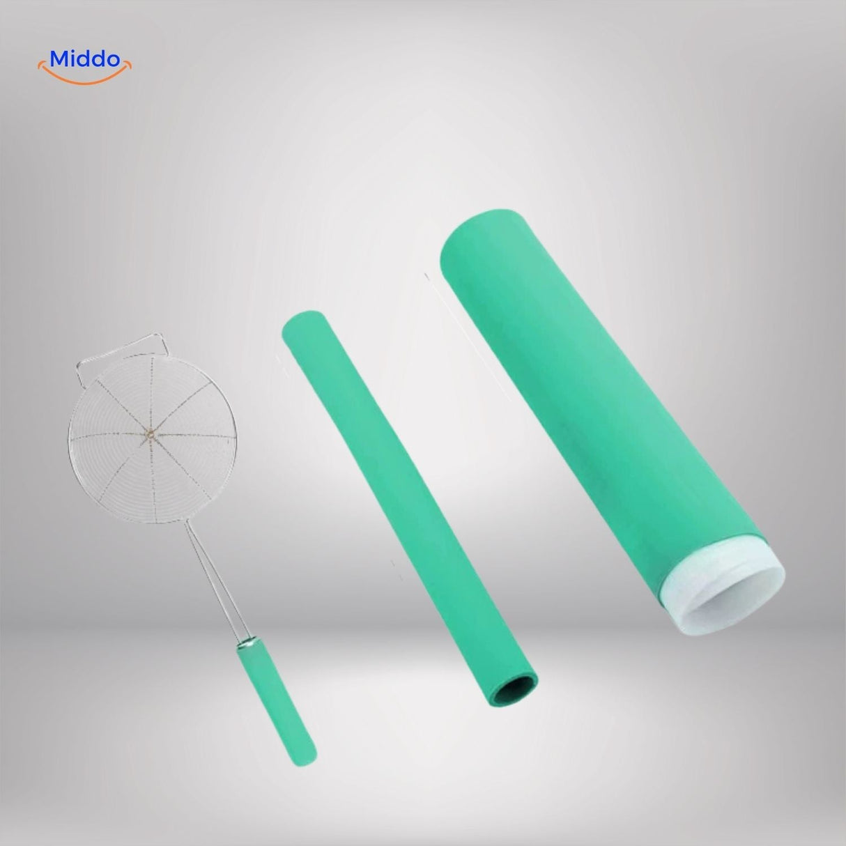Green silicone handle protector with non-slip grip and heat resistance.