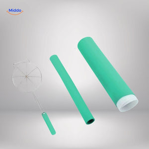 Green silicone handle protector with non-slip grip and heat resistance.