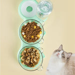 Green TripleFeeder cat tray filled with dry cat food kibble.