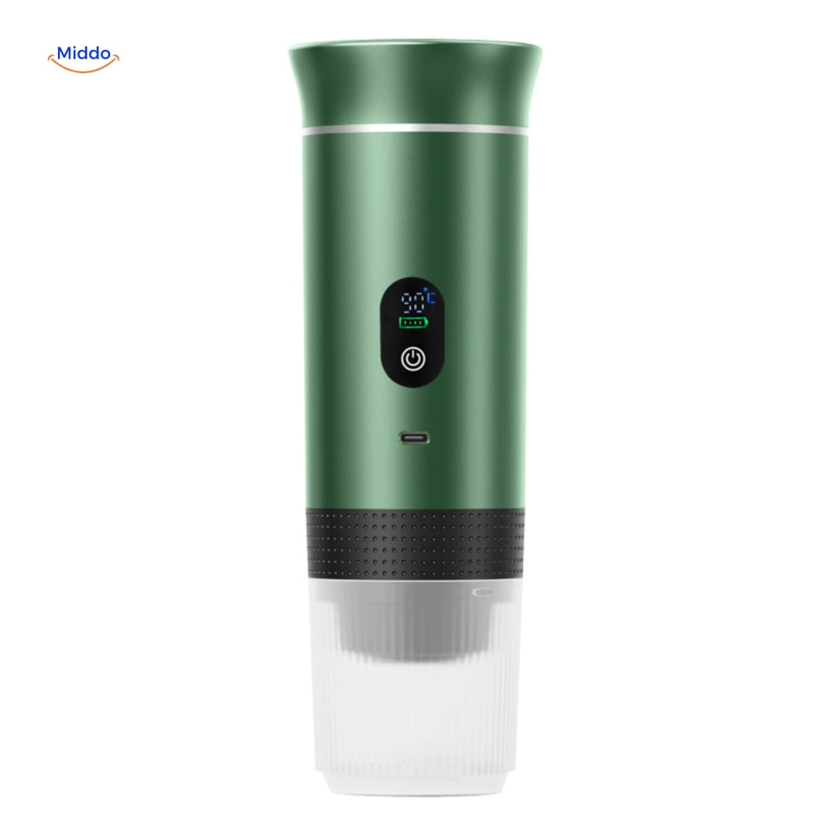 Green espresso machine with LED display and smart brewing features.