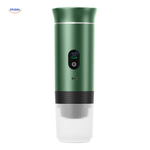 Green espresso machine with LED display and smart brewing features.
