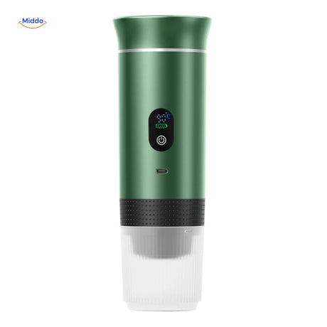 Green espresso machine with LED display and smart brewing features.