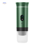 Green espresso machine with LED display and smart brewing features.