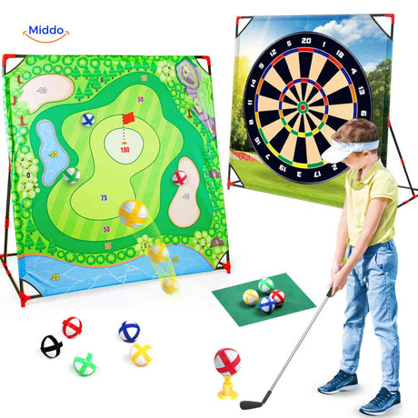 Green golf target and dartboard for skill training and active play.