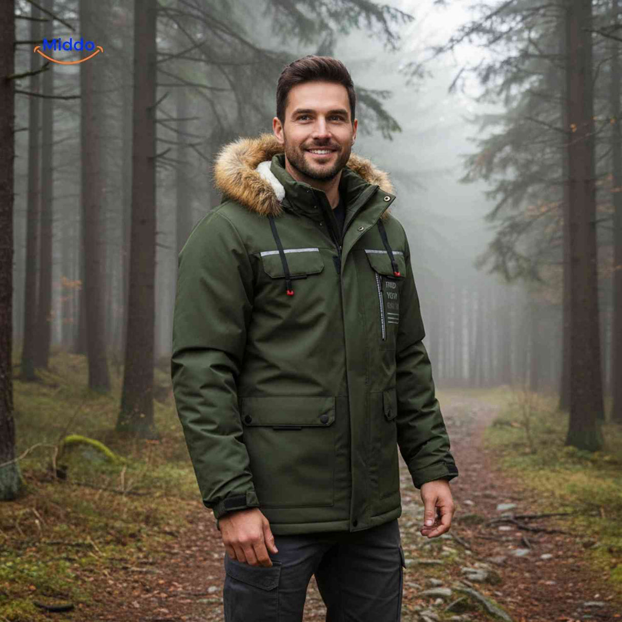 Green insulated men's parka with fur collar and hand pockets.