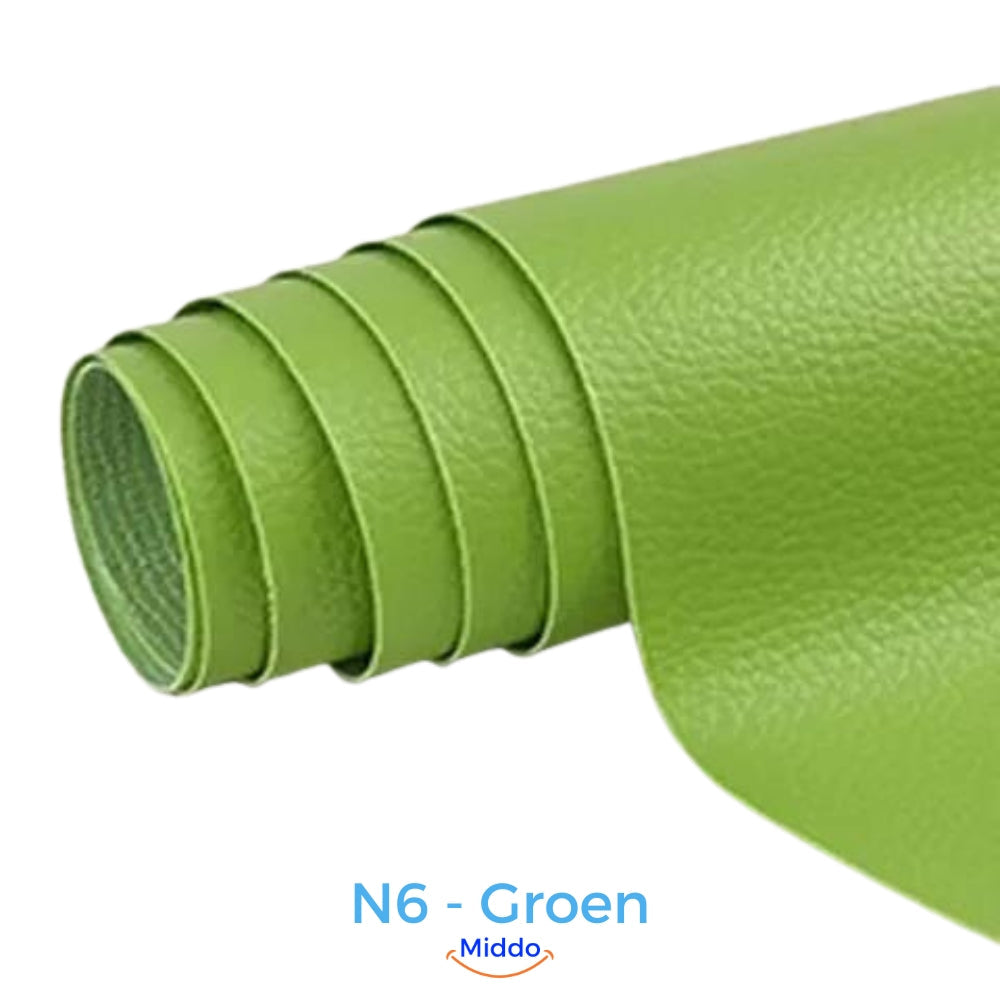 Green self-adhesive leather patch for green-toned furniture restoration.