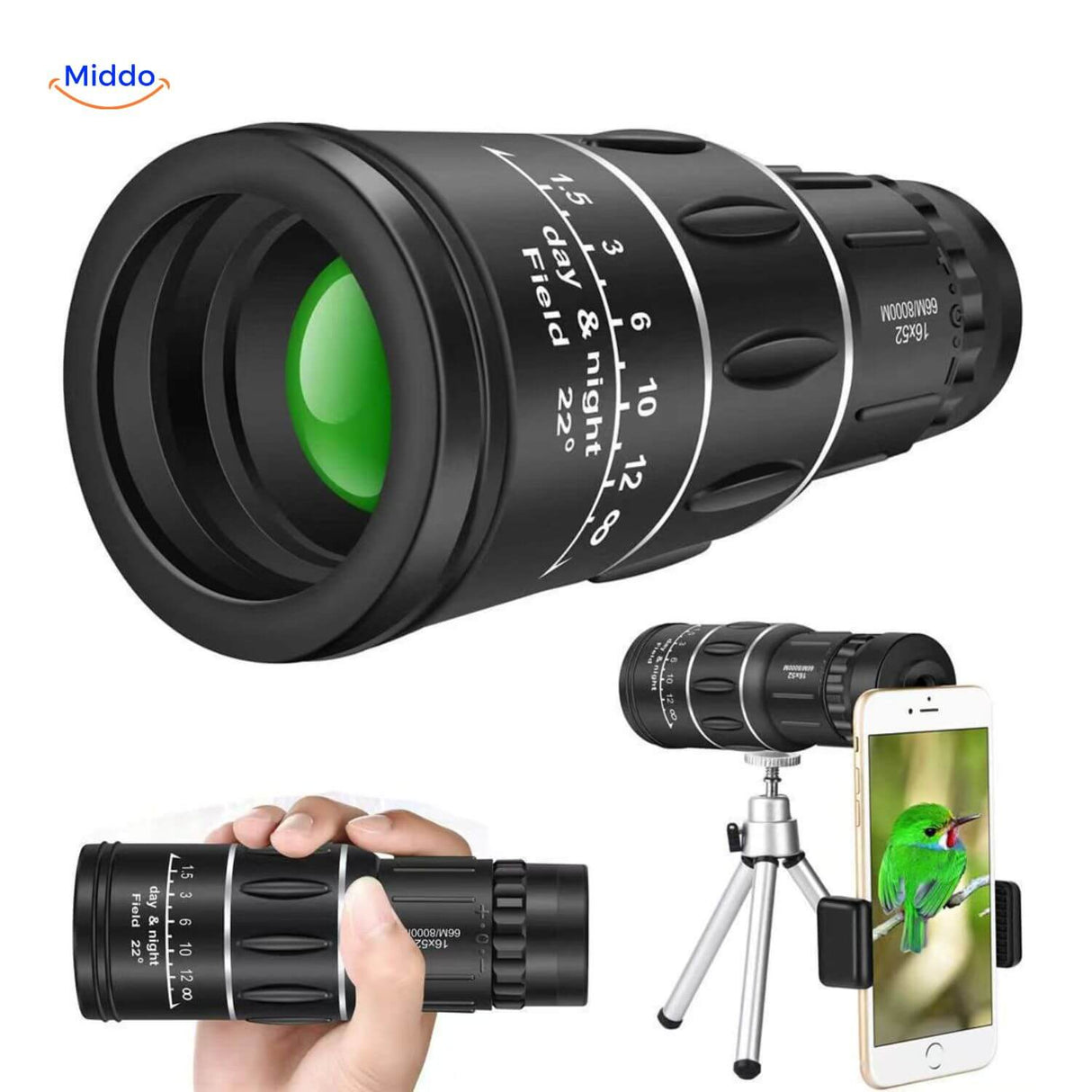 Night vision monocular with green objective lens and optical zoom capability.