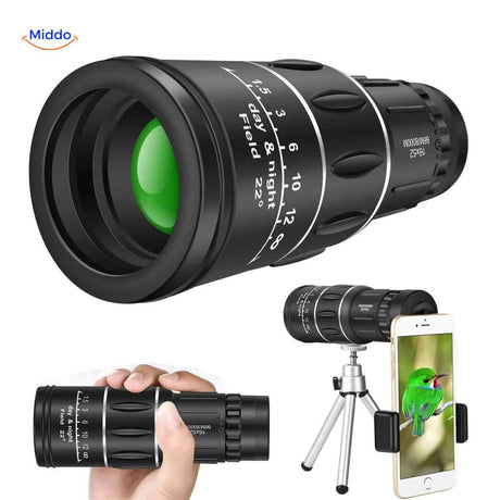 Night vision monocular with green objective lens and optical zoom capability.