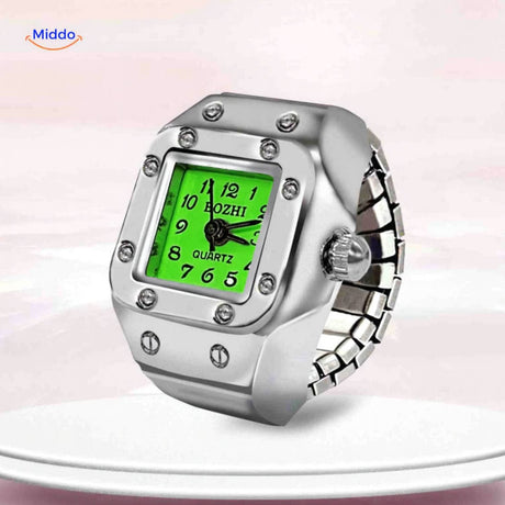 Green ring watch with vibrant colorful aesthetic and unique appeal.