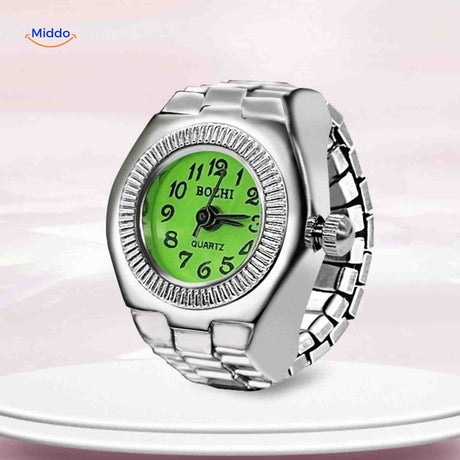 Green round ring watch with trendy contemporary styling.