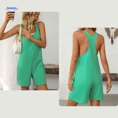 Playful green summer jumpsuit styled with contrasting white crop top.