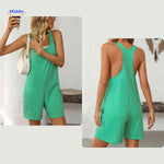 Playful green summer jumpsuit styled with contrasting white crop top.