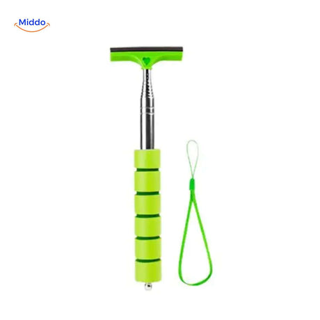 Green car window cleaner with rubber blade and secure wrist strap attachment.