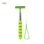 Green car window cleaner with rubber blade and secure wrist strap attachment.