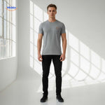 Grey cotton t-shirt with smiley print worn as basic casual piece.