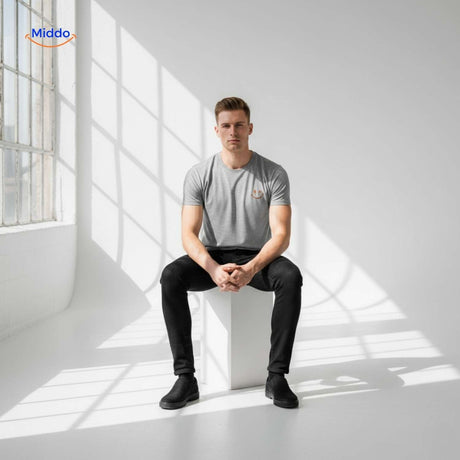 Grey smiley print t-shirt in minimalist seated studio pose.