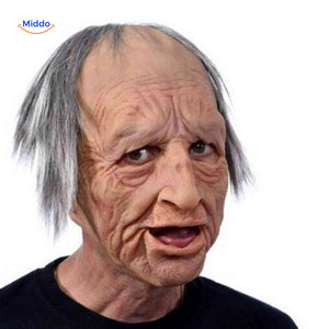Realistic old man mask with grey hair and deeply aged expression.