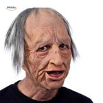 Realistic old man mask with grey hair and deeply aged expression.