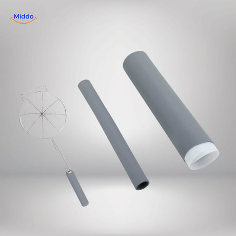 Grey silicone handle protector set includes protection for strainers and tools.