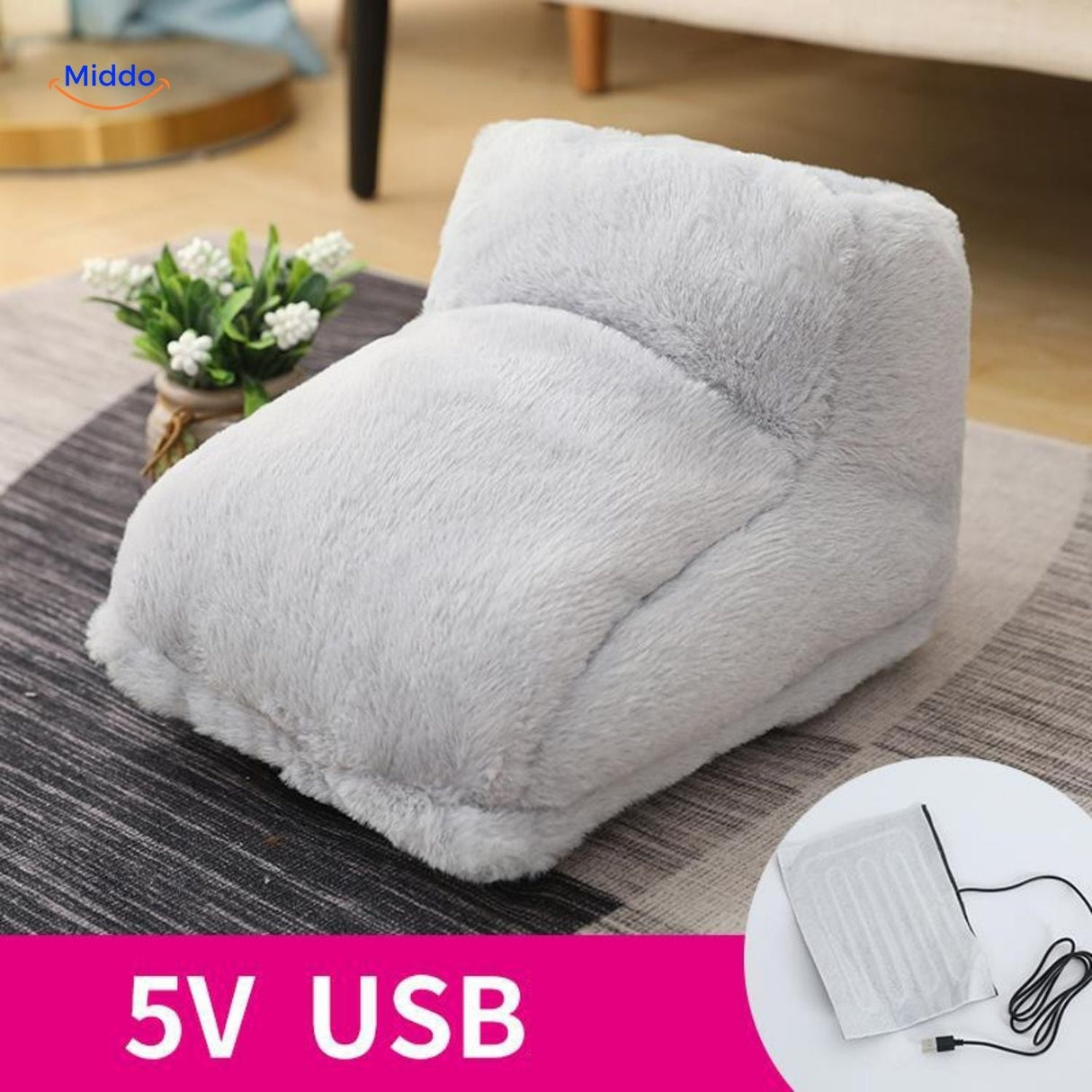 Grey heated foot warmer showing USB connection port.